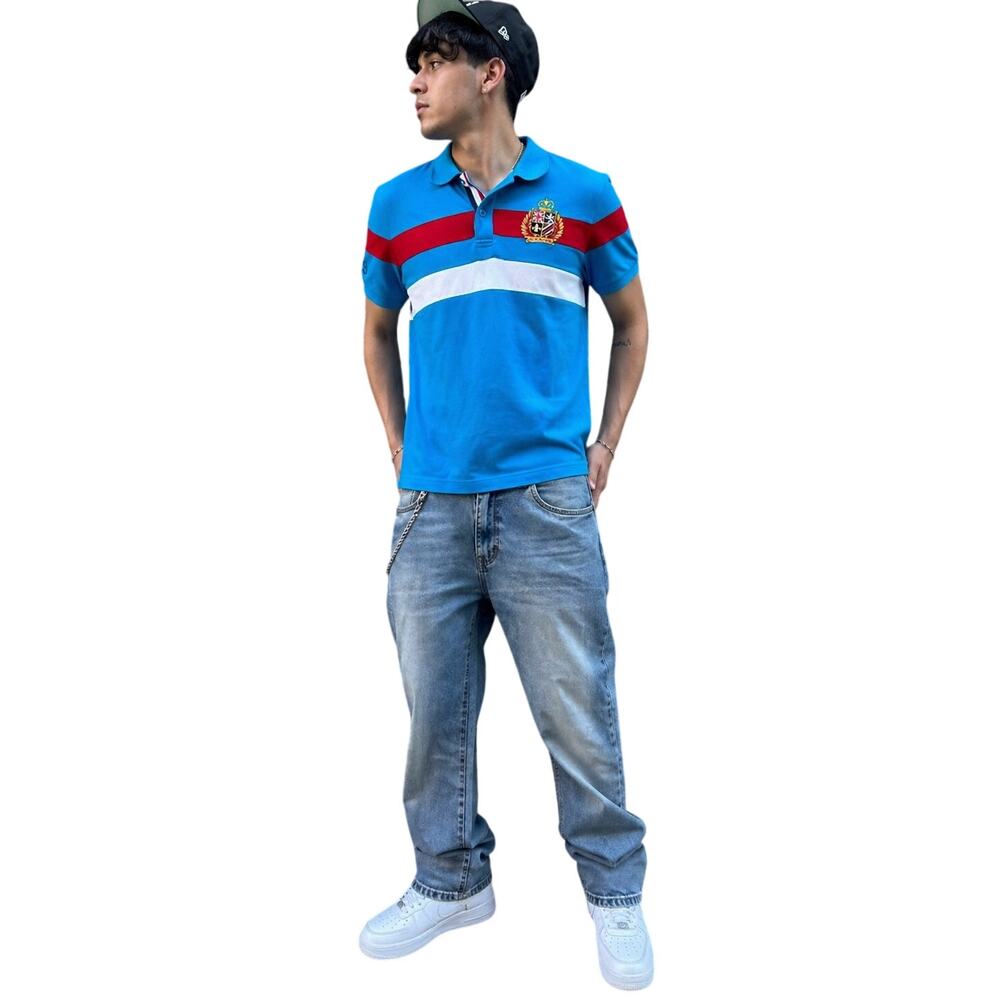 GX3 Jeans Y2K Crest Polo Shirt Blue Red Fits L Streetwear